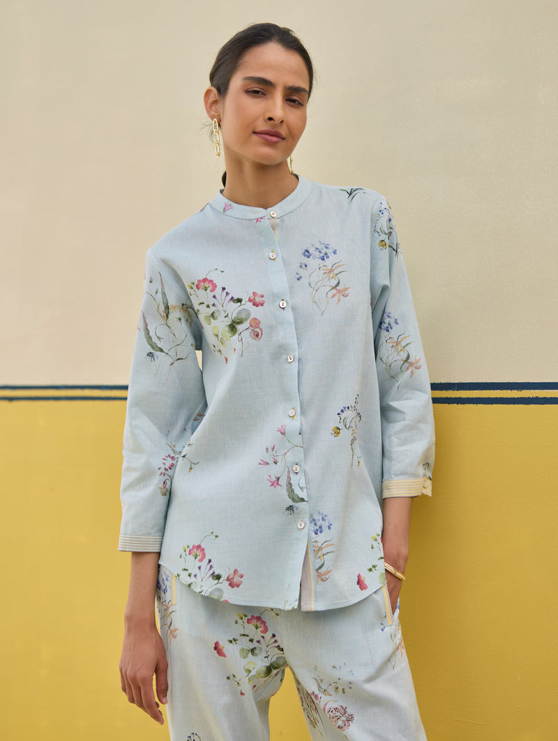 Vani Watercolour Floral Shirt - Sky