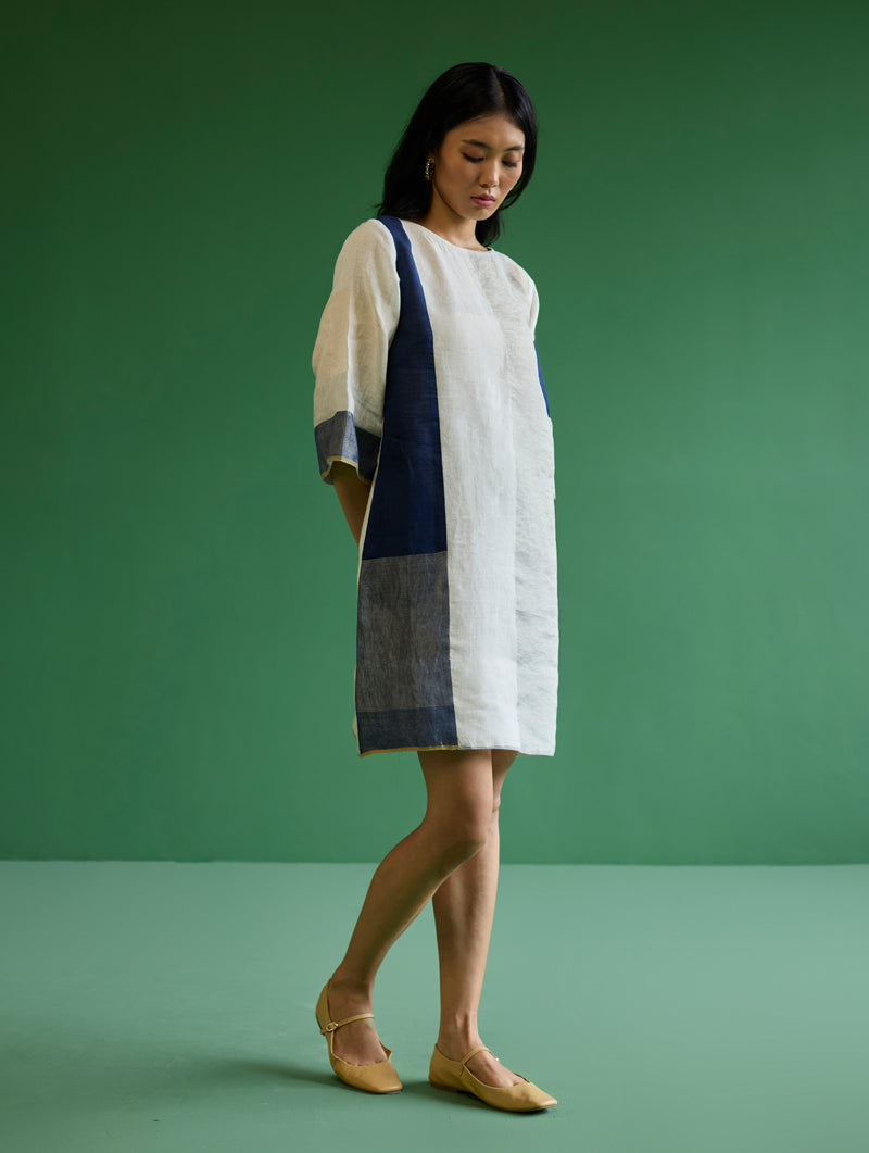 Lina Color-Blocked Linen Dress - Ivory