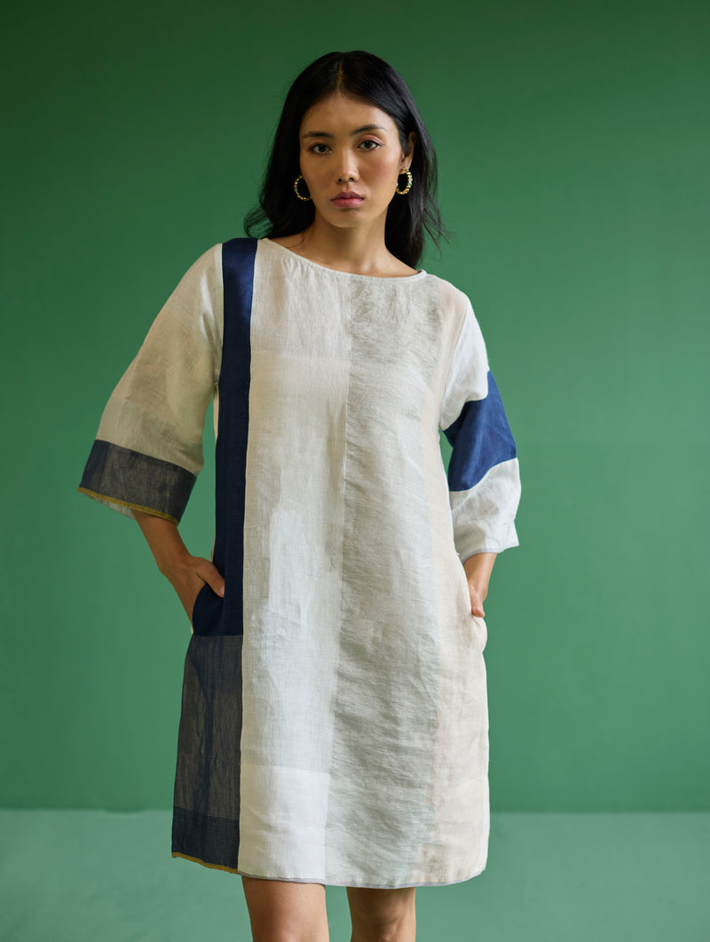 Lina Color-Blocked Linen Dress - Ivory