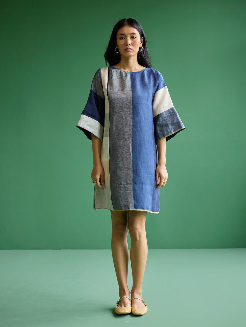 Lina Color-Blocked Linen Dress - Navy