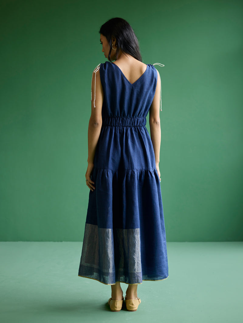 Aria Metallic Linen Dress - Navy