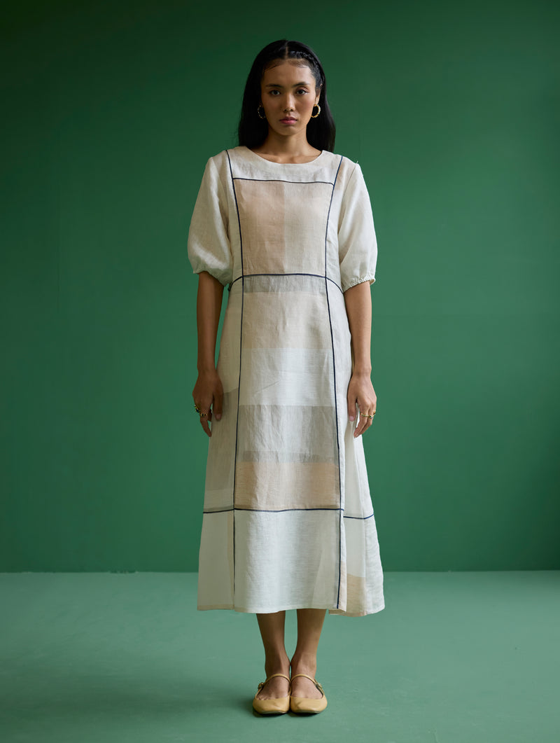 Sehr Metallic Linen Piping Dress - Ivory