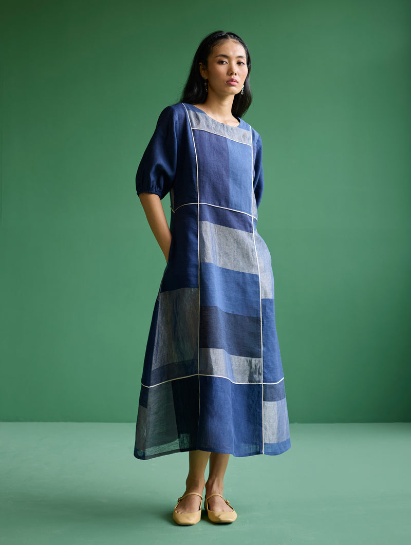 Sehr Metallic Linen Piping Dress - Navy