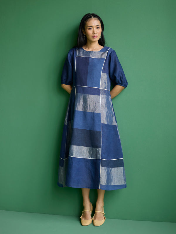 Sehr Metallic Linen Piping Dress - Navy