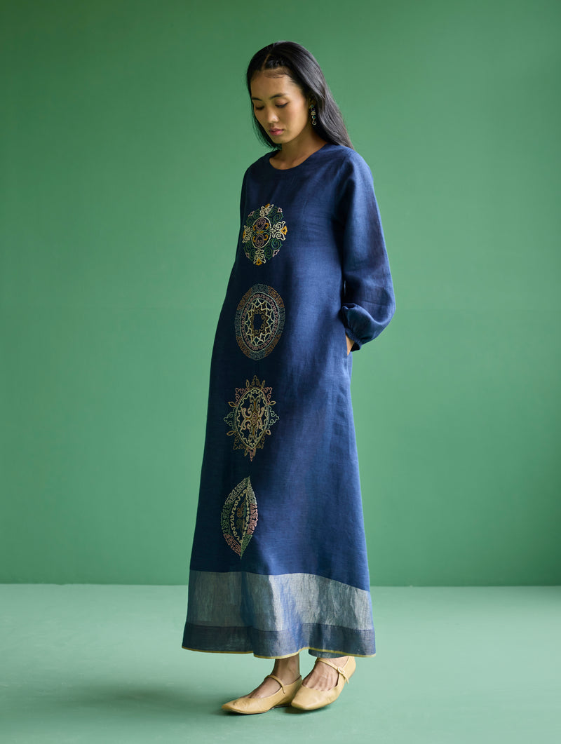 Eira Hand-Embroidered Linen Dress - Navy