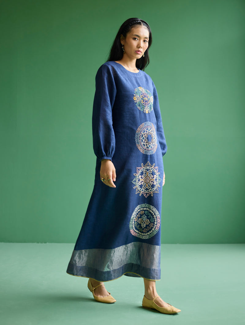 Eira Hand-Embroidered Linen Dress - Navy