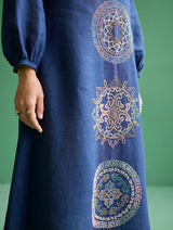 Eira Hand-Embroidered Linen Dress - Navy