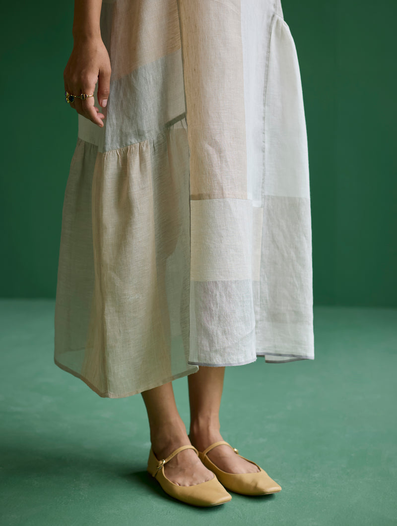 Nura Metallic Linen Paneled Dress - Ivory