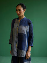 Izara Stripe Patchwork Linen Shirt - Navy