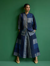 Izara Stripe Patchwork Linen Shirt - Navy