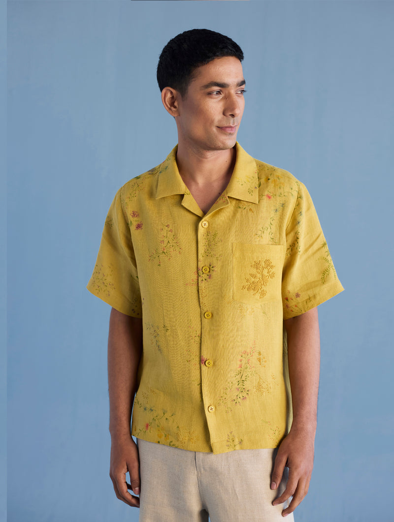 Haru Embroidered Pocket Floral Linen Shirt - Ochre