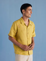 Haru Embroidered Pocket Floral Linen Shirt - Ochre