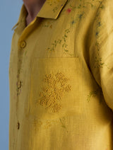 Haru Embroidered Pocket Floral Linen Shirt - Ochre