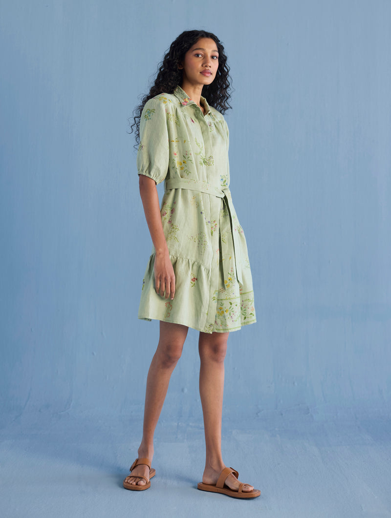 Sia Hand-Embroidered Floral Dress - Mint