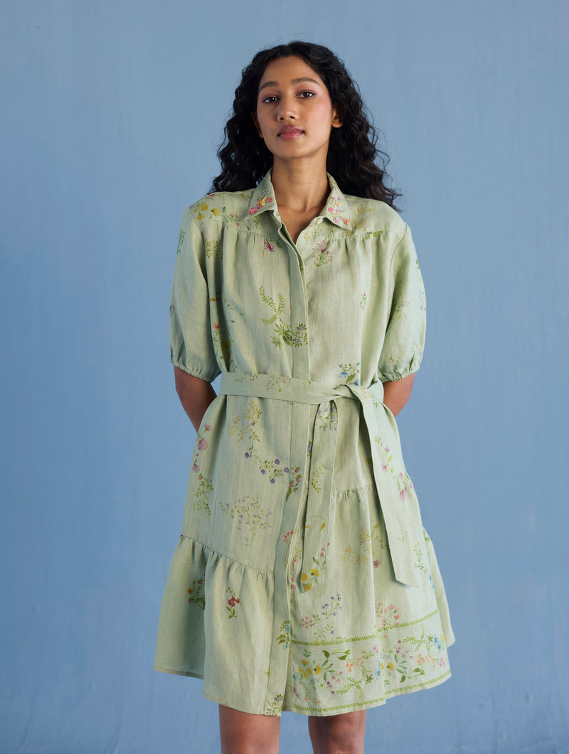 Sia Hand-Embroidered Floral Dress - Mint