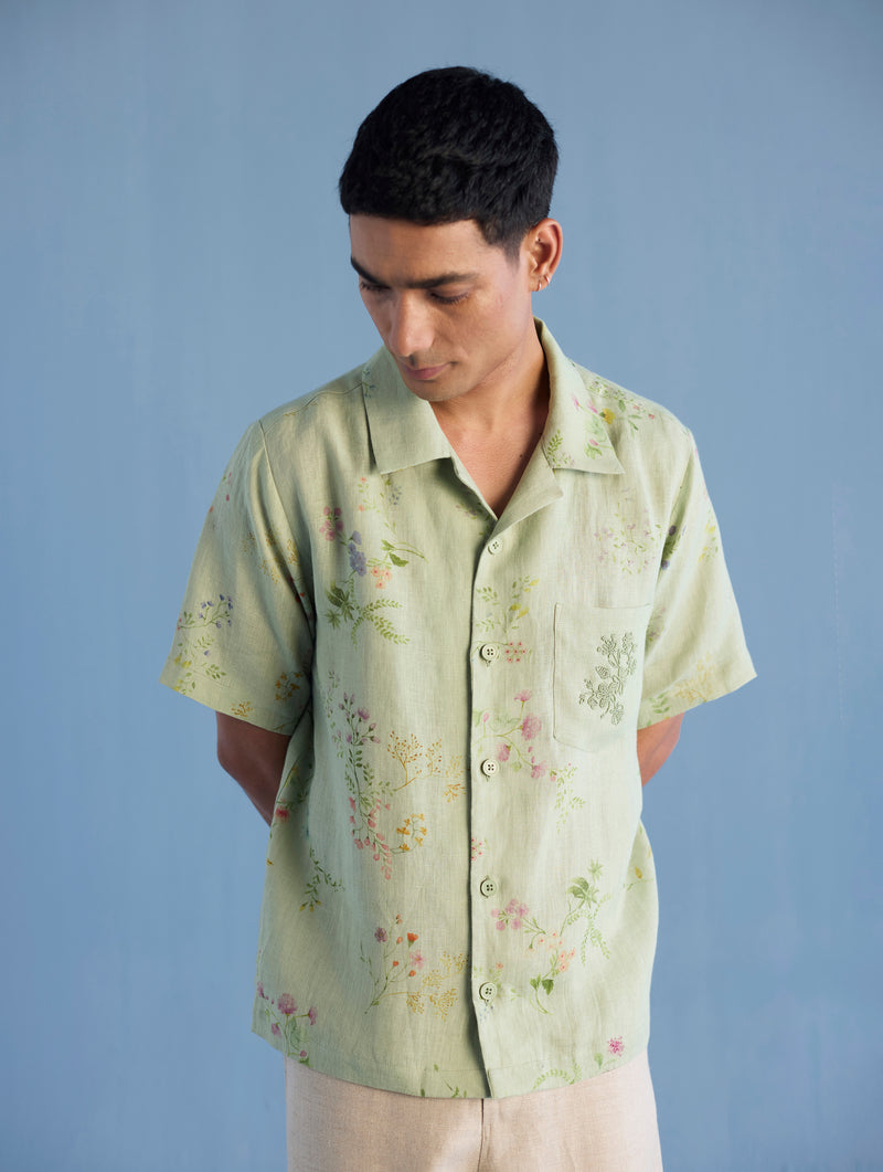 Haru Embroidered Pocket Floral Linen Shirt - Mint