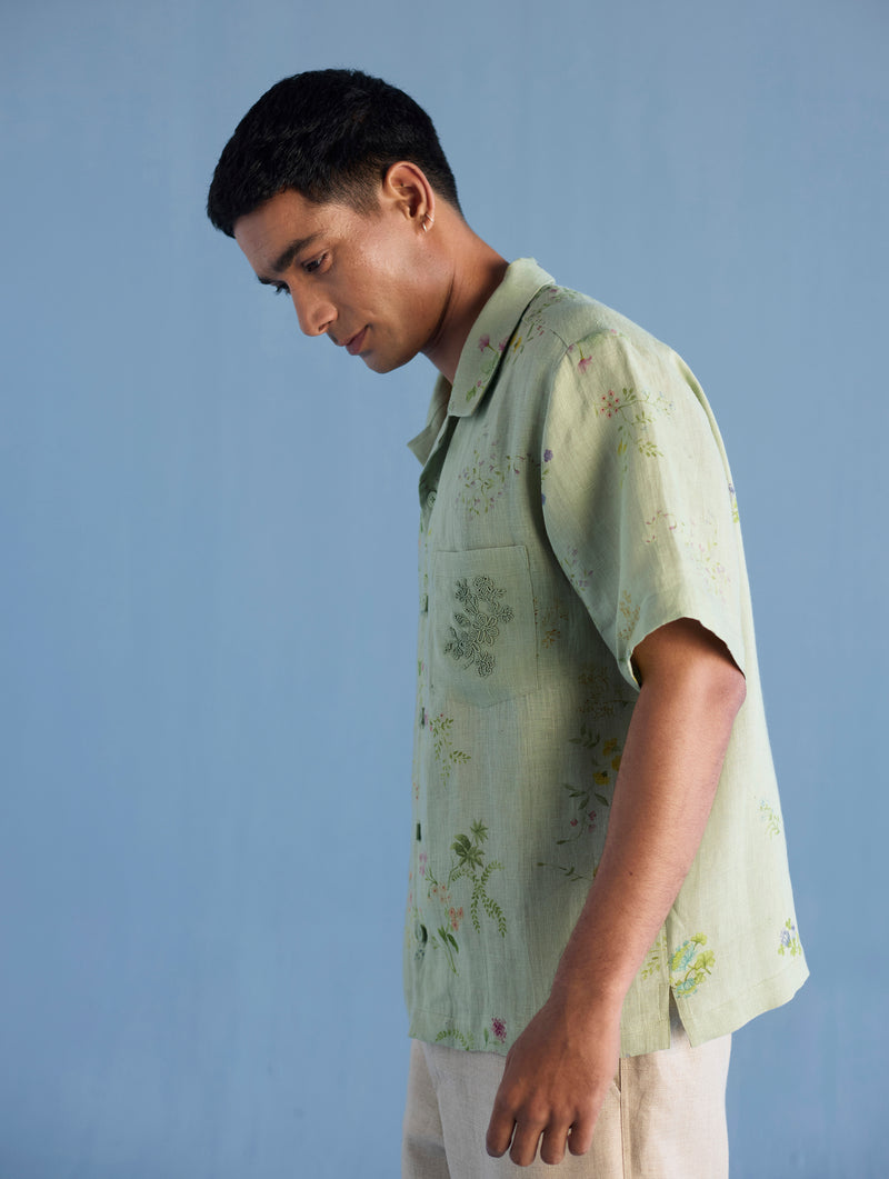 Haru Embroidered Pocket Floral Linen Shirt - Mint