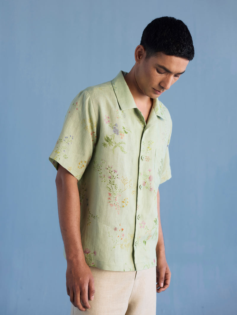 Haru Embroidered Pocket Floral Linen Shirt - Mint