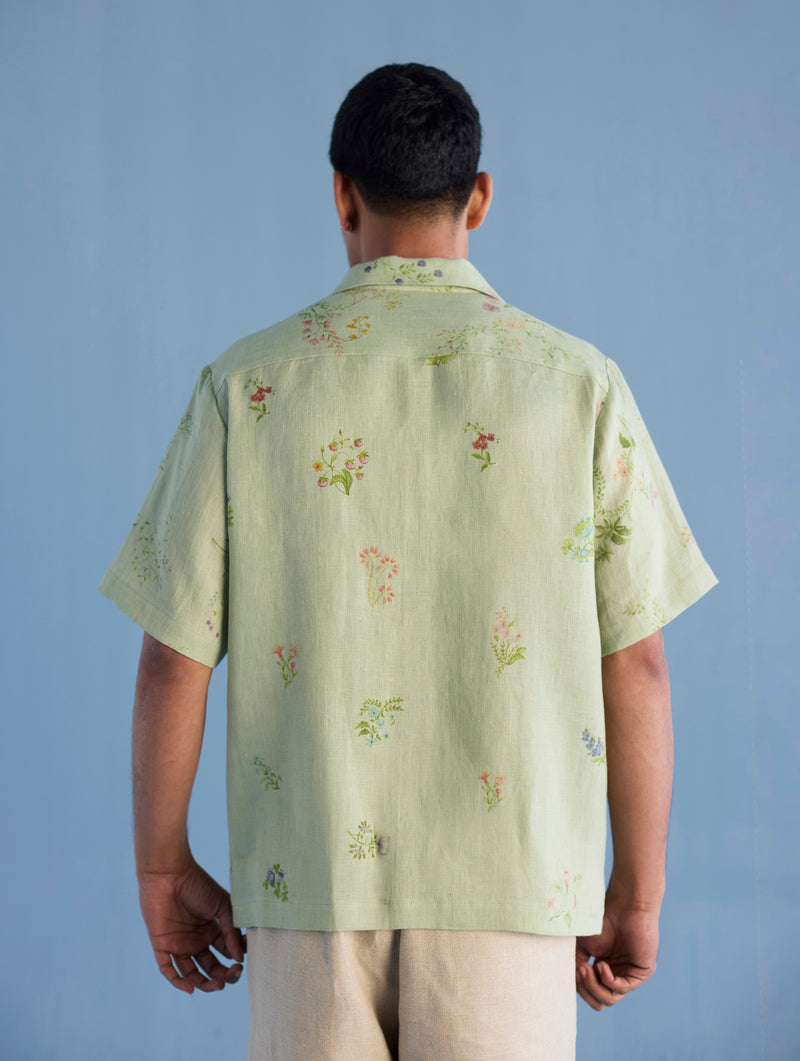 Haru Embroidered Pocket Floral Linen Shirt - Mint