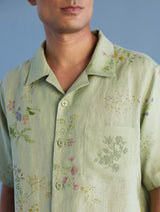 Haru Embroidered Pocket Floral Linen Shirt - Mint