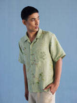 Haru Embroidered Pocket Floral Linen Shirt - Mint