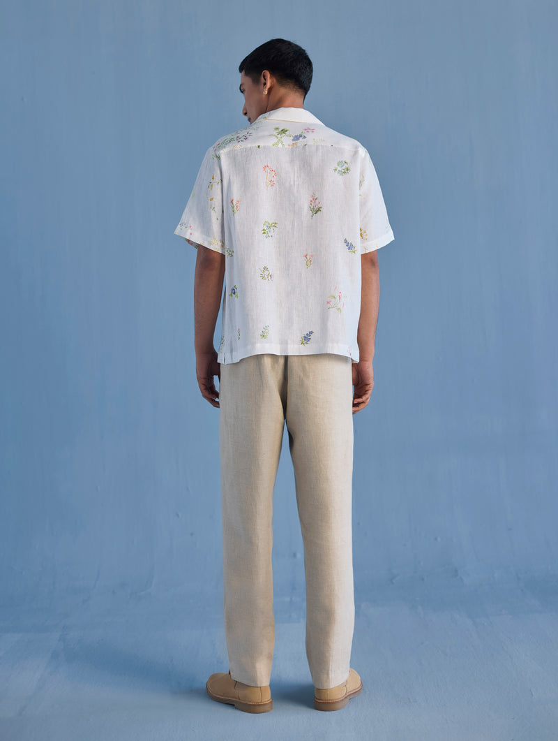 Haru Embroidered Pocket Floral Linen Shirt - White