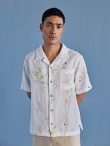 Haru Embroidered Pocket Floral Linen Shirt - White