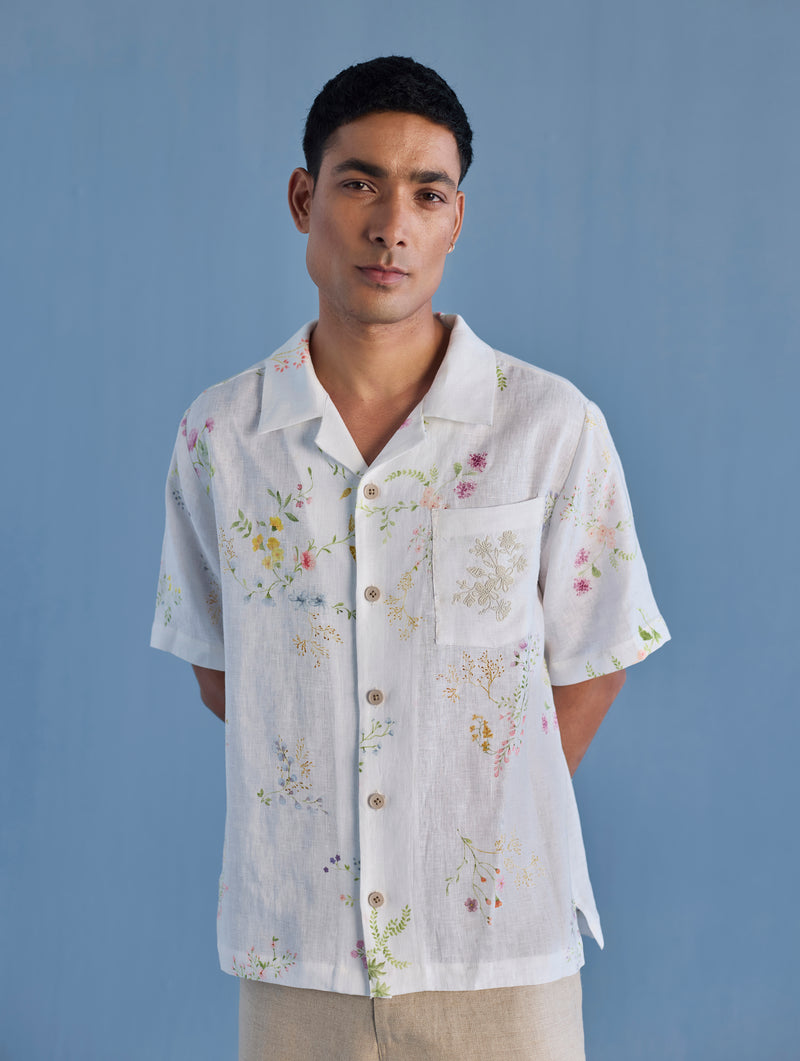 Haru Embroidered Pocket Floral Linen Shirt - White