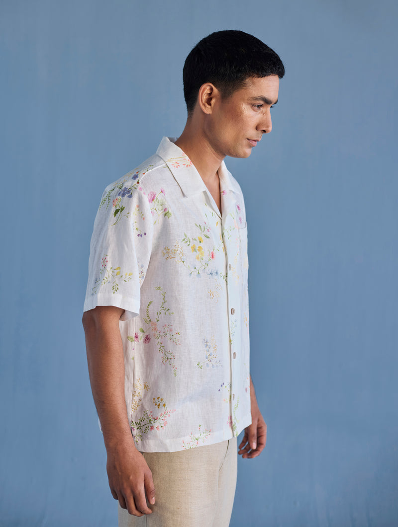 Haru Embroidered Pocket Floral Linen Shirt - White