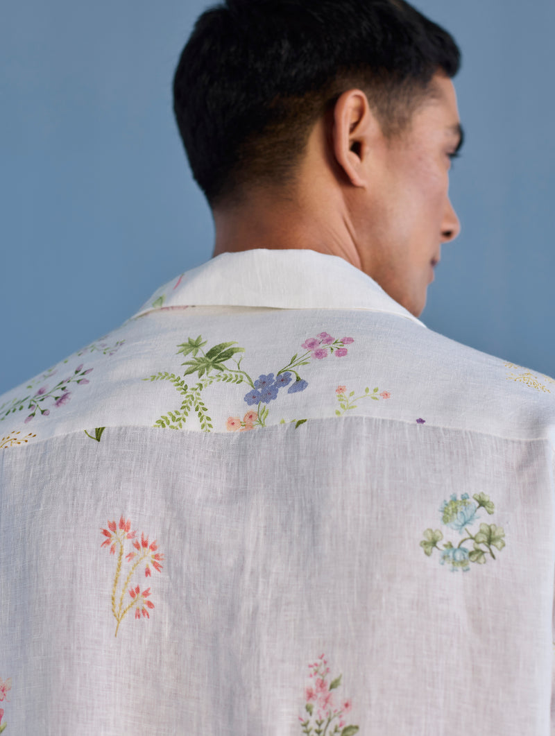 Haru Embroidered Pocket Floral Linen Shirt - White