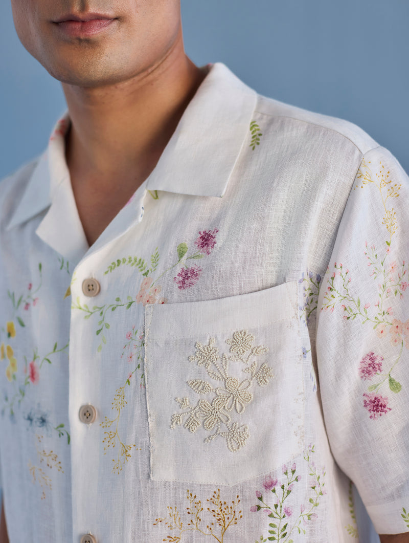 Haru Embroidered Pocket Floral Linen Shirt - White