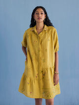 Sia Hand-Embroidered Floral Dress - Ochre