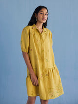 Sia Hand-Embroidered Floral Dress - Ochre