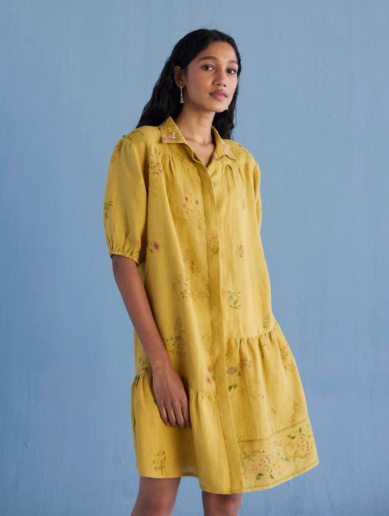 Sia Hand-Embroidered Floral Dress - Ochre