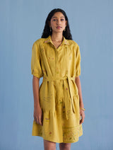 Sia Hand-Embroidered Floral Dress - Ochre