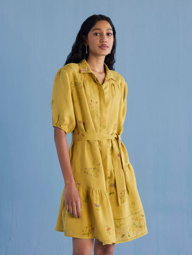 Sia Hand-Embroidered Floral Dress - Ochre