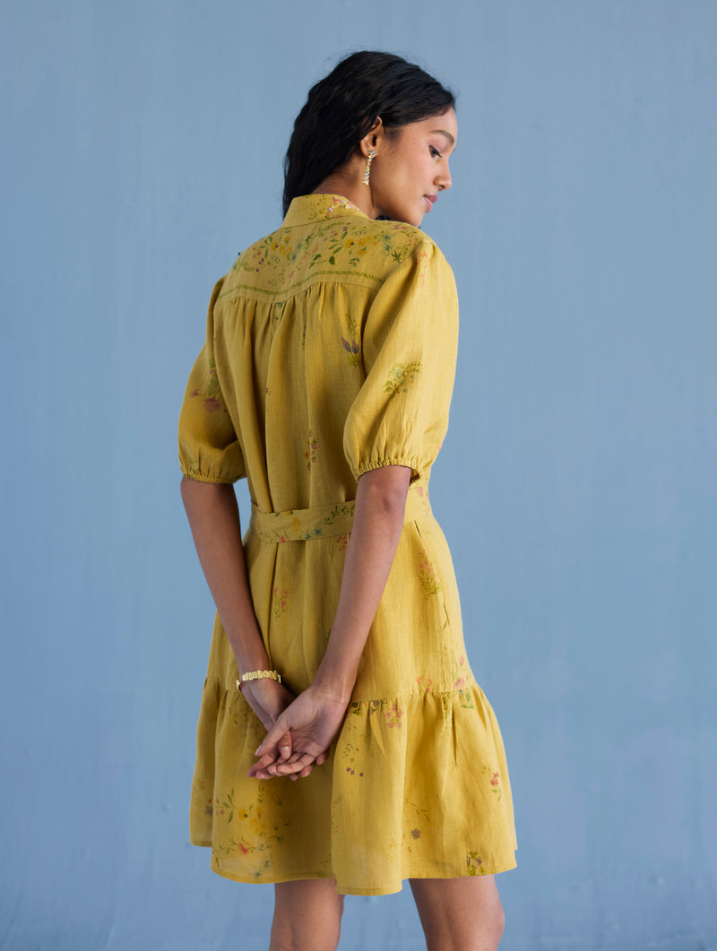 Sia Hand-Embroidered Floral Dress - Ochre