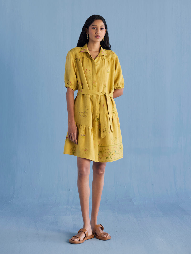 Sia Hand-Embroidered Floral Dress - Ochre