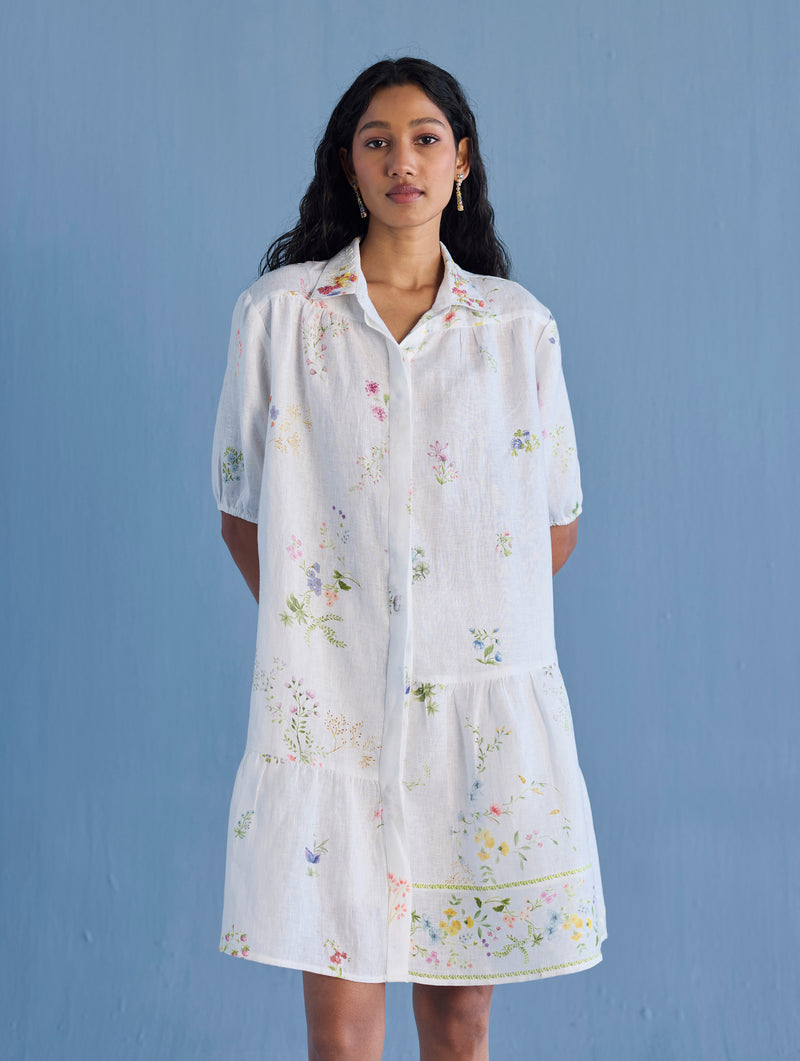 Sia Hand-Embroidered Floral Dress - White