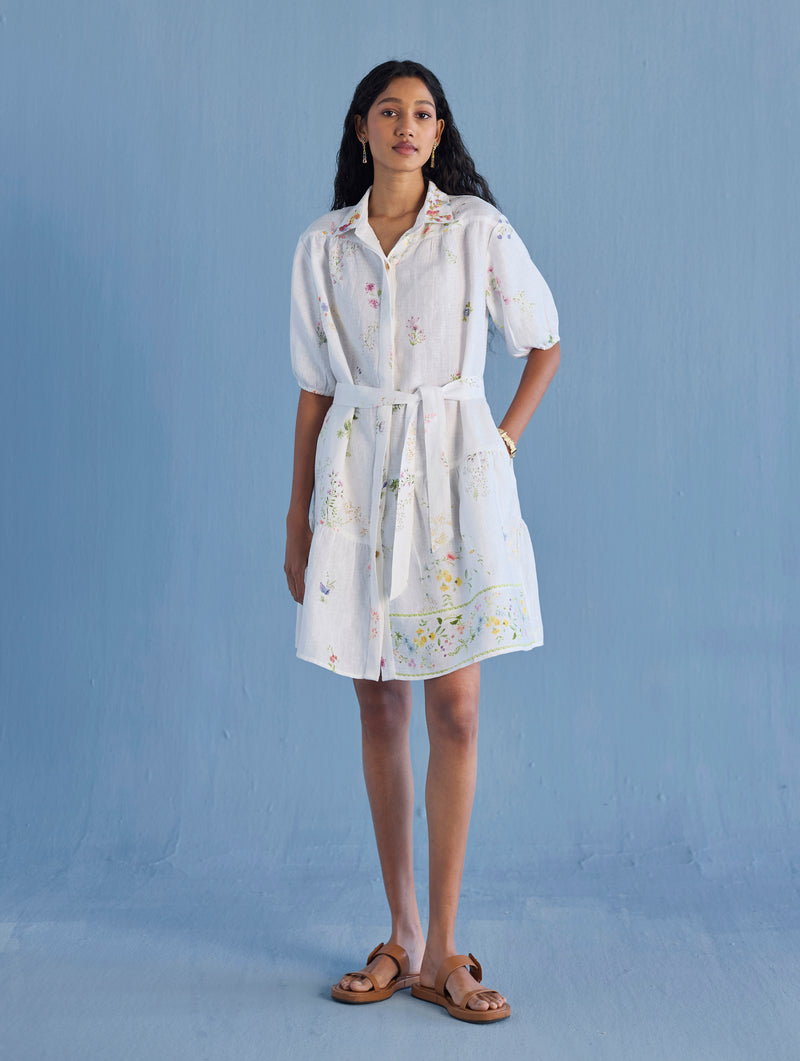 Sia Hand-Embroidered Floral Dress - White