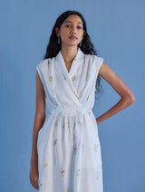 Mema Shawl Collar Printed Linen Dress - White