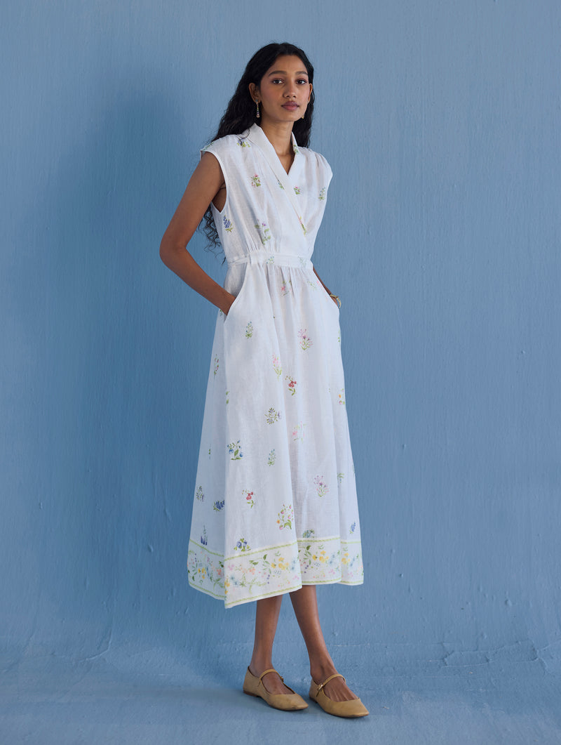 Mema Shawl Collar Printed Linen Dress - White