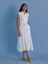 Mema Shawl Collar Printed Linen Dress - White