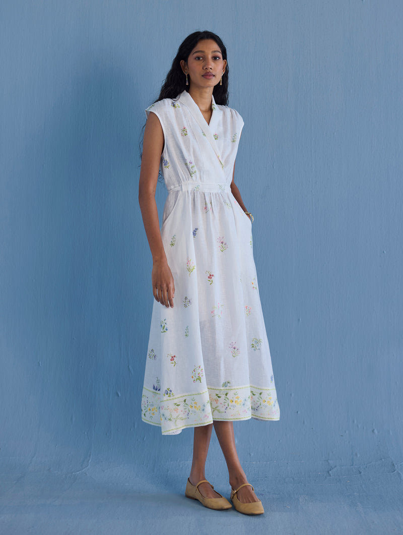 Mema Shawl Collar Printed Linen Dress - White