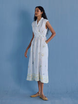 Mema Shawl Collar Printed Linen Dress - White