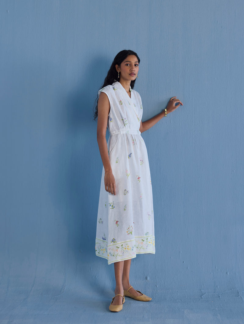 Mema Shawl Collar Printed Linen Dress - White