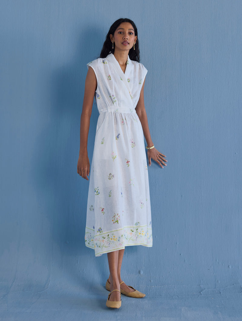 Mema Shawl Collar Printed Linen Dress - White