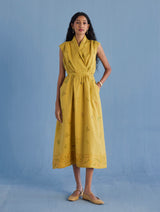 Mema Shawl Collar Printed Linen Dress - Ochre