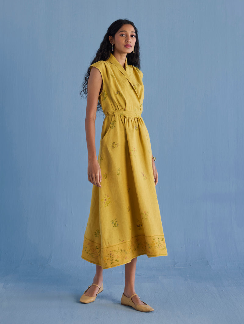 Mema Shawl Collar Printed Linen Dress - Ochre