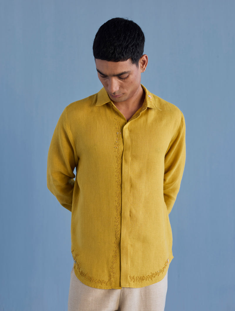 Kuru Hand-Embroidered Linen Shirt - Ochre